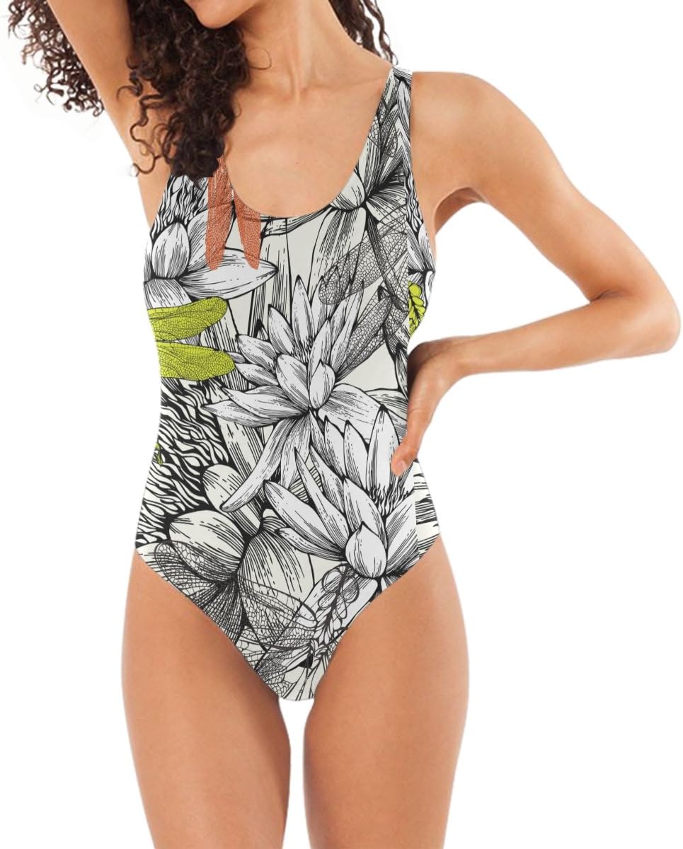 COOSUN Women's Lilies and Dragonflies One-Piece Swimsuit Scoop Back Monokini Swimwear Bathing Suit