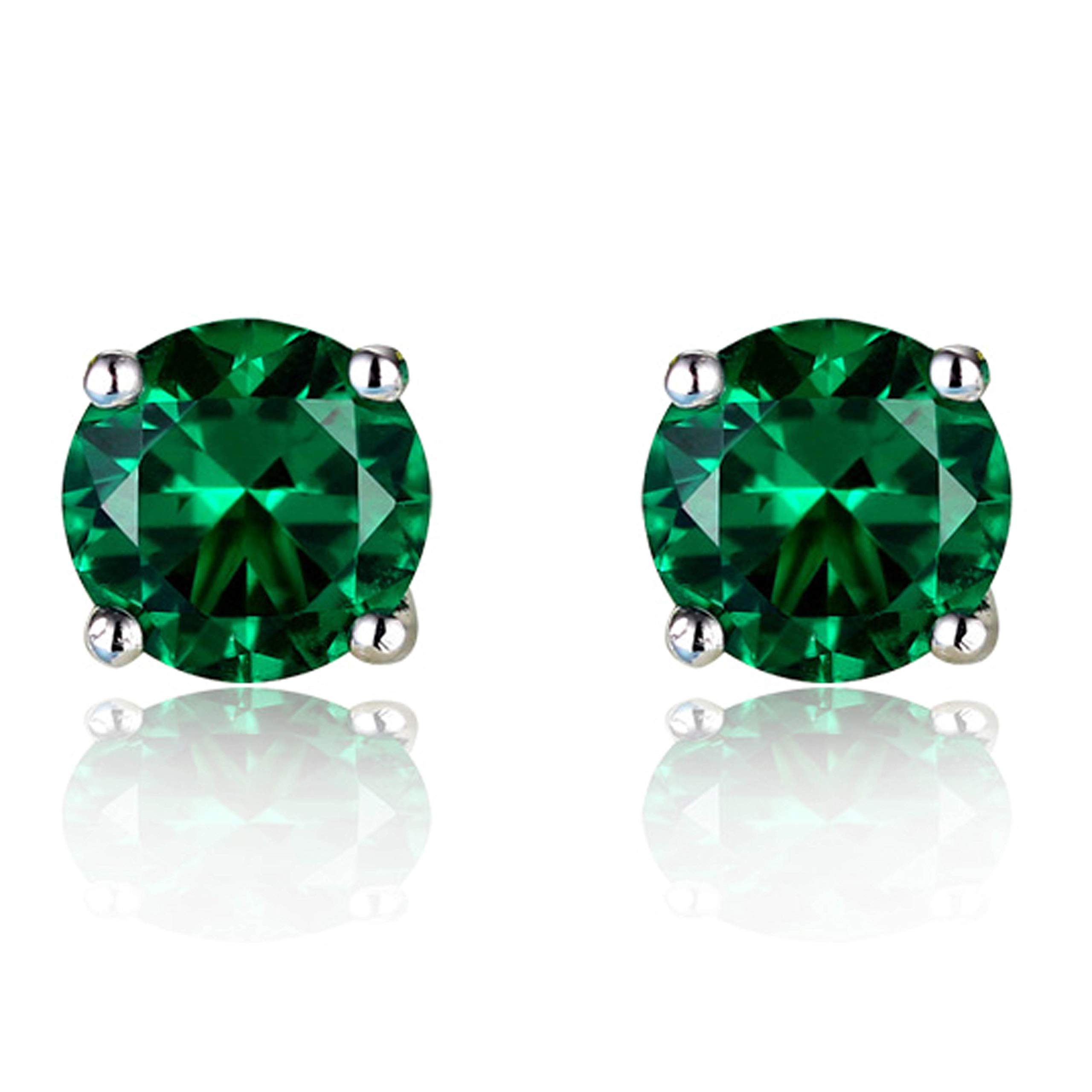 Hiqmic 925 Sterling Silver 2.5ct 6mm Round Emerald Ear Stud Earrings White Gold Plated Fashion Jewelry Gifts for Women_WA94010