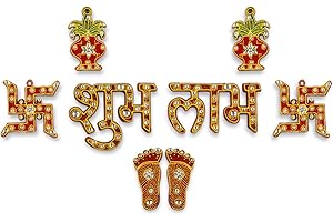 IndoTribe 8Pc Set Shubh Labh Sticker Diwali Charan Diwali Decorations For House Laxmi Feet Sticker Subh Labh Stickers Door Decorations Diwali Door Decorations Diwali Door Stickers Lakshmi Feet sticker