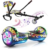 LIEAGLE Self-Balancing Scooter with Seat Attachment Adjustable Frame | All-Terrain Go Kart with LED Lights, Bluetooth Speaker, 7.75 MPH Max Speed Hoverboard for Kids and Adults