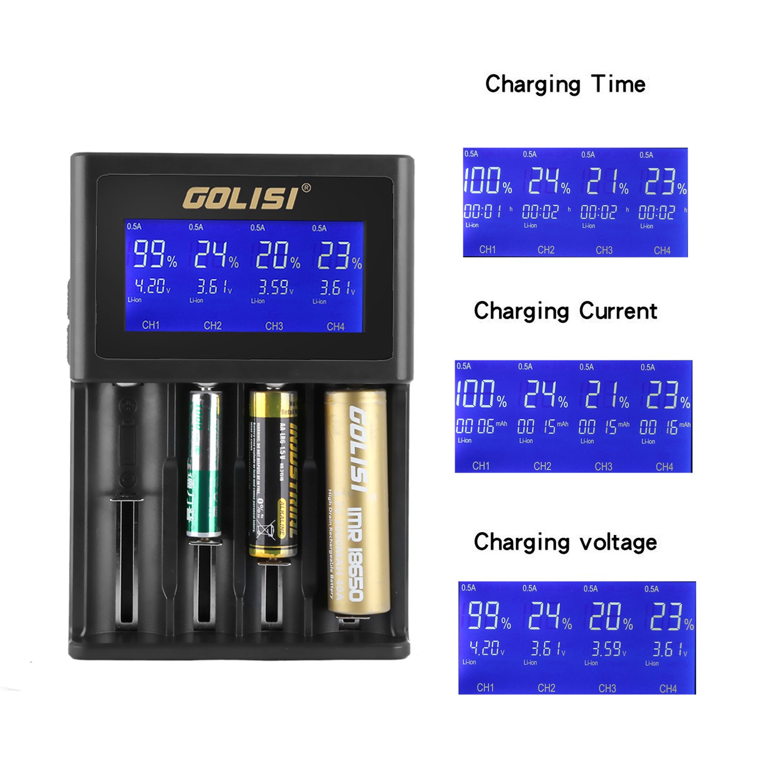 18650 / 26650 Battery Charger, Golisi Universal Charger with 4 Bay, 12V 2A Quick Charge, LCD Display, Good for Ni-MH Ni-Cd AA AAA Li-ion LiFePO4 IMR 10440 14500 16340 RCR123, Best 4 slot Charger for E-cig / Vape Batteries