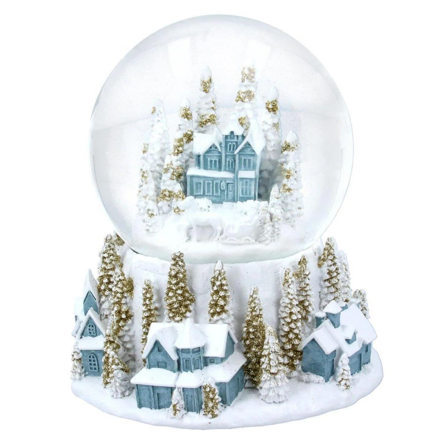 Gisela Graham Large White/Blue/Gold Resin Village Snow Dome