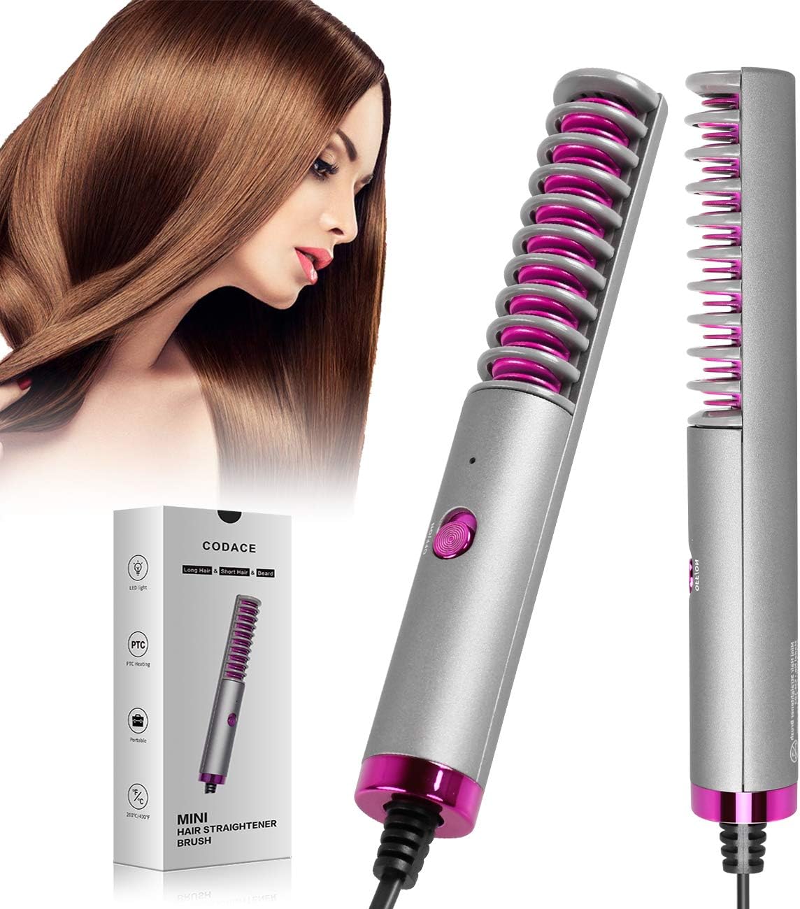 30 Seconds Fast Heat Up Hair Straightening Brush for Men Women, Anti Scald Beard Straightener Comb, Straighten Beard Iron, PTC Ceramic Heating Brush for Home & Travel & Salon