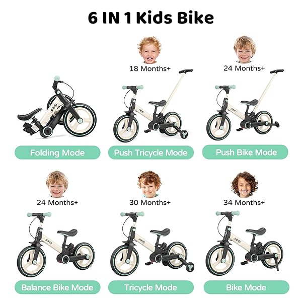 JMMD 6 IN 1 TODDLER BIKE WITH PUSH HANDLE FOR KIDS 18-60 MONTHS, 12″ FOLDABLE BALANCE BIKE WITH TRAINING WHEELS, PEDALS, BRAKES, KICKSTAND, PUSH TRICYCLE TODDLER GIFT & TOYS FOR BOY & GIRL