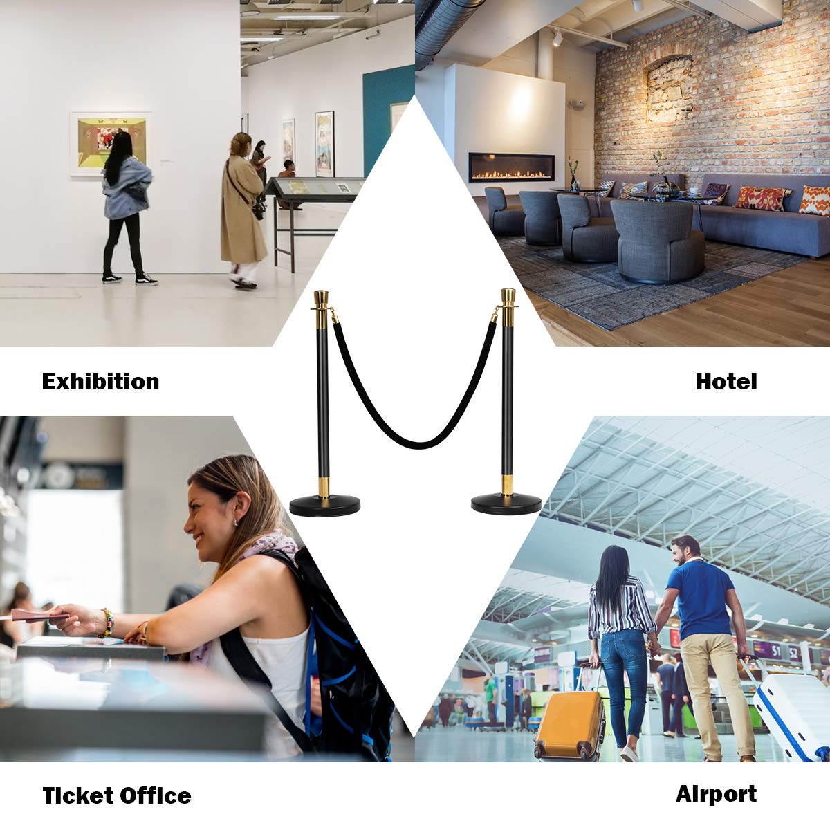 Goplus 6pcs Stanchion Set, Crowd Control Barrier Stainless Steel Stanchion Posts Queue Pole with 5Ft Velvet Rope, Suitable for Theaters, Party, Wedding Exhibition Centers, Ticket Offices (Black)