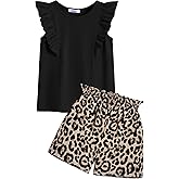 Arshiner Girls Clothes Summer Outfits Ruffle Sleeve Tops and Paperbag Waist Shorts with Pockets Kids Clothing Set