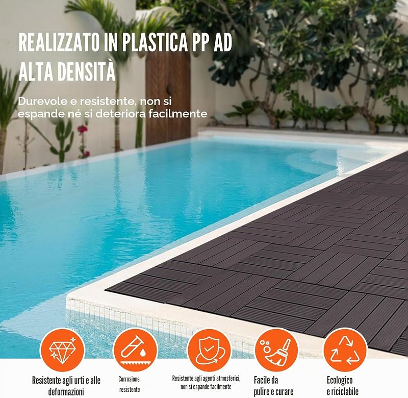 Piastrelle per Patio ad Incastro 36 Pezzi 300 x 300 x 20 mm, Piastrelle Impermeabile in Plastica, Piastrelle per Tutte Le Condizioni Atmosferiche, per Portico Piscina Cortile, Marrone Scuro