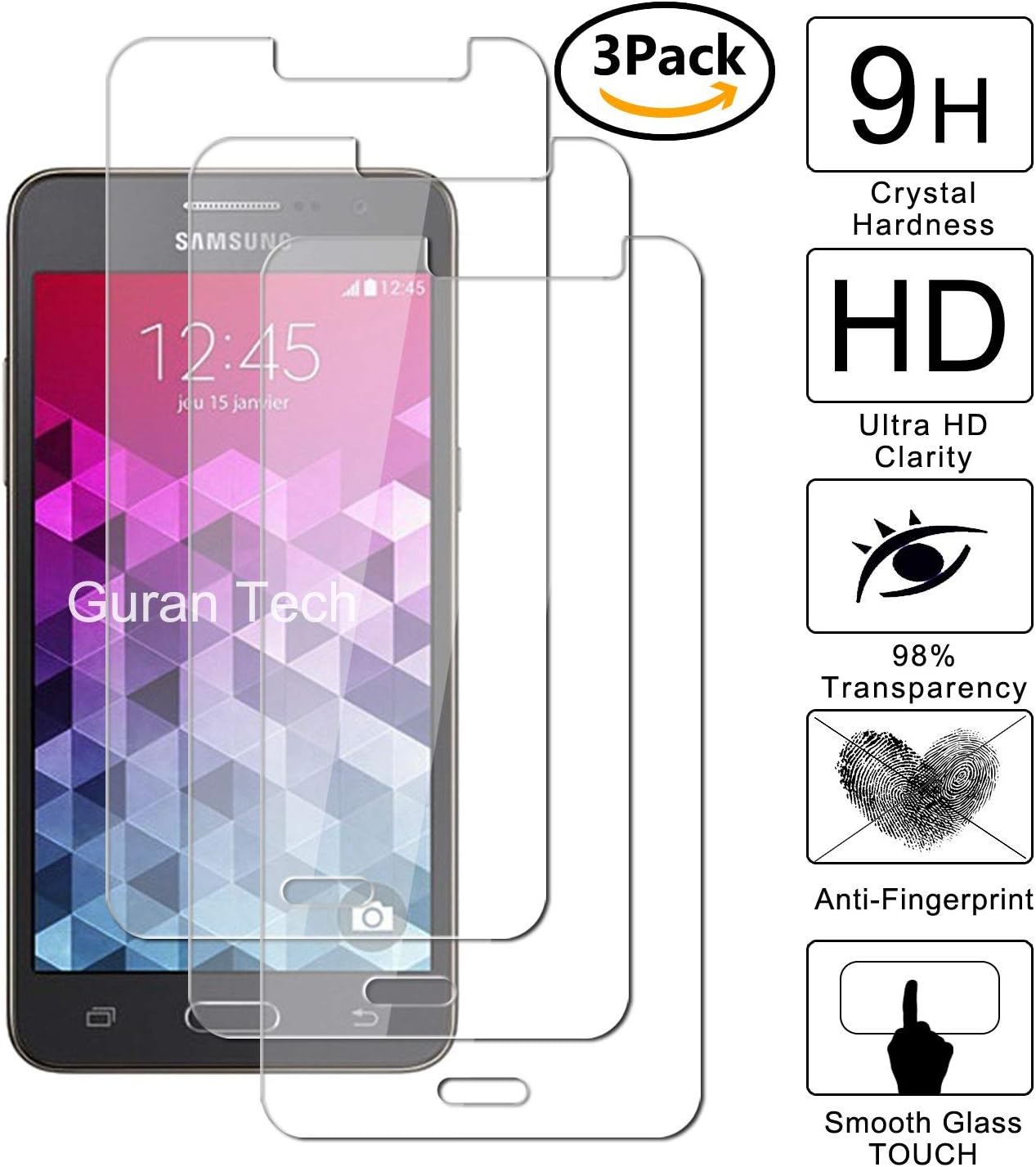 Guran® [3 Pack Tempered Glass Screen Protector Film for Samsung Galaxy Grand Prime G530 Smartphone Clear Anti-Scratch Shatter Proof (9H Hardness, 2.5D Edge, 0.26mm Thickness)