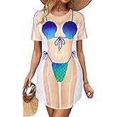 elescat Women's Beach Cover Up Bikini Printed Short Sleeve Tshirt Dress Baggy Cute Coverups