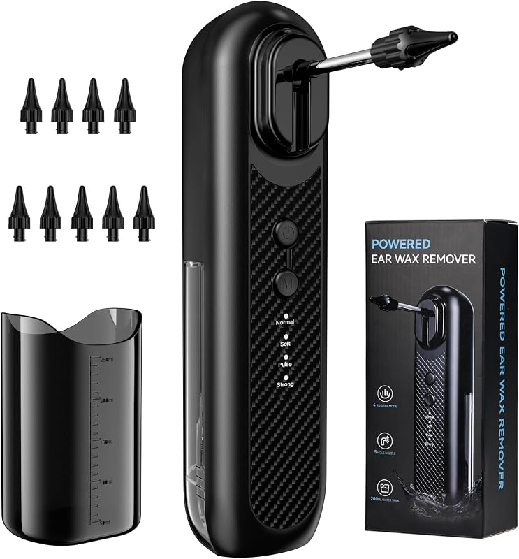 Nettoyeur Oreille Électrique, Kit d’Élimination du Cérumen avec 5 Modes de Nettoyage, Irrigation Oreille avec Écran LCD, IPX5 Étanche, Réservoir 200ml, Recharge USB-C