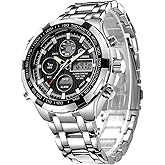 GOLDEN HOUR Luxury Stainless Steel Analog Digital Watches for Men Male Outdoor Sport Waterproof Big Heavy Wristwatch