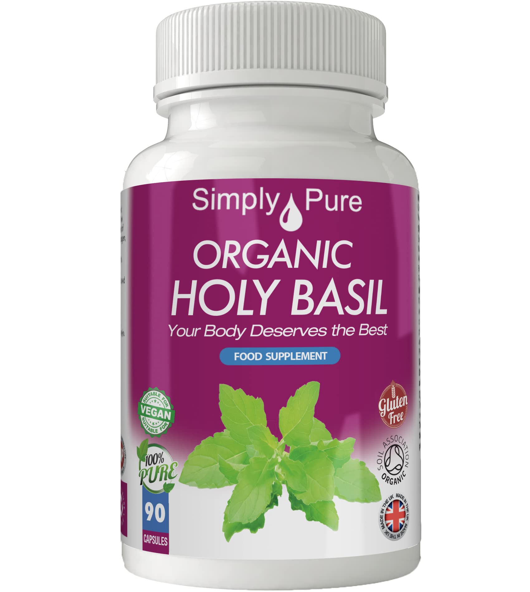 Simply Pure Organic Holy Basil for Mental Balance & Energy | 500mg Capsules x 90 | 100% Pure Soil Association Certified | Gluten Free | GM Free | Vegan