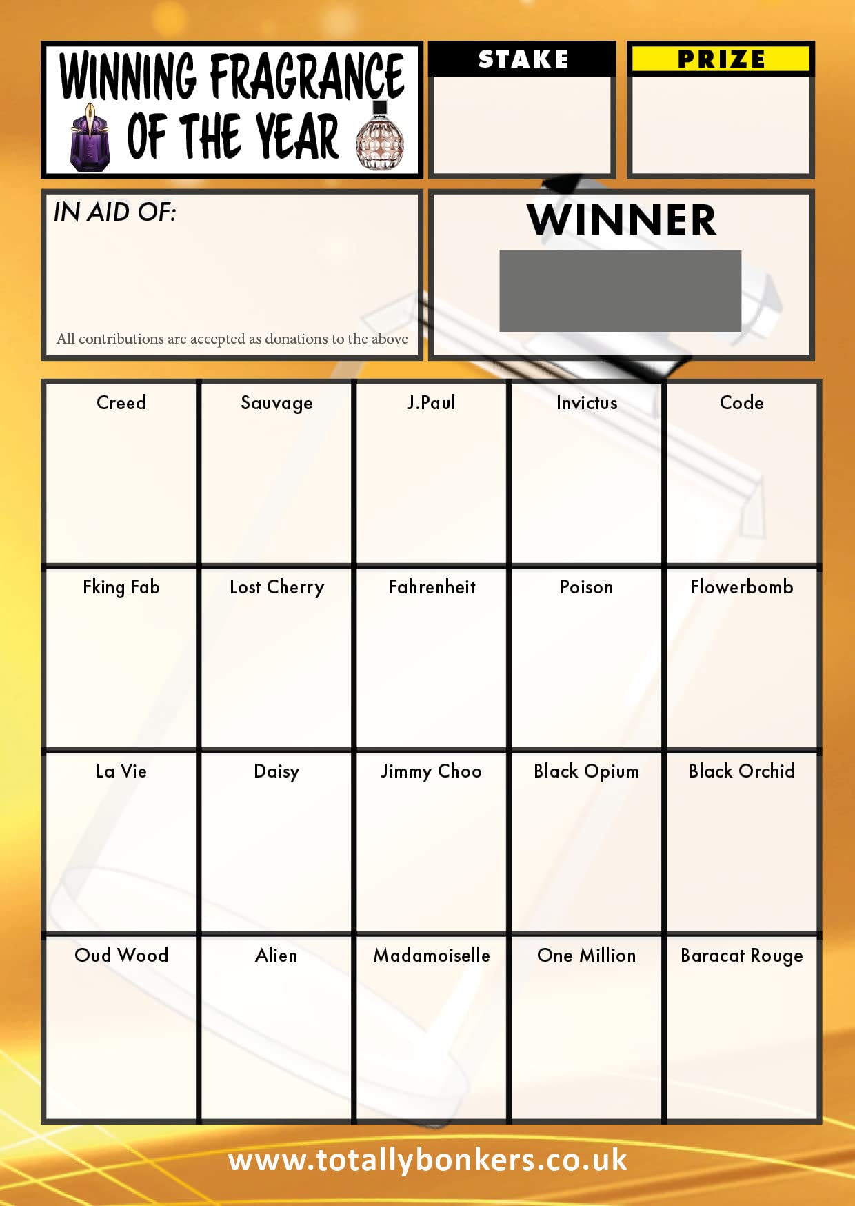 Totally Bonkers FRAGRANCE Fundraising Scratch Cards - 20 SQUARE - 10 Pack