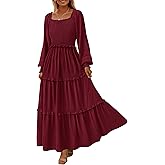 PRETTYGARDEN Fall Dresses for Women 2026 Long Sleeve Smocked Square Neck Swiss Dot Tiered Flowy Wedding Guest Maxi Dress
