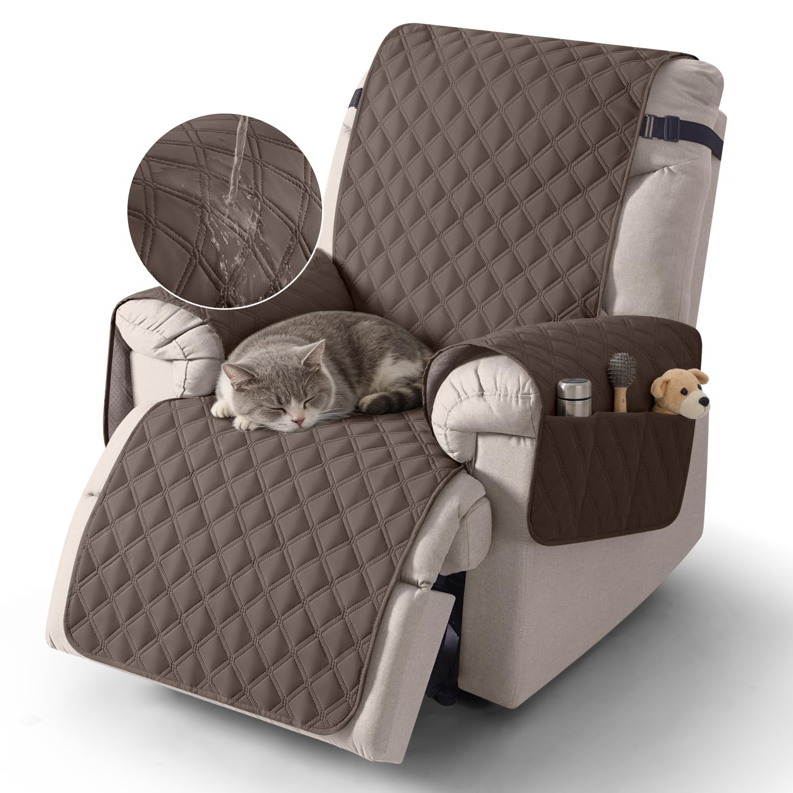 TAOCOCO Recliner Slipcovers,1 Seater Recliner Protector,Waterproof Recliner Covers,Armchair Covers with Pockets,Non Slip Reclining Sofa Covers Arm Chair Covers for Pets/Dogs/Kids(Brown) — image 1