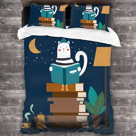 Amazon 布団カバー シングル 3点セット 寝具カバー セット ベッド用 布団用 掛け布団カバー 本を読んで面白い猫 肌に優しい 寝具カバーセット オンライン通販