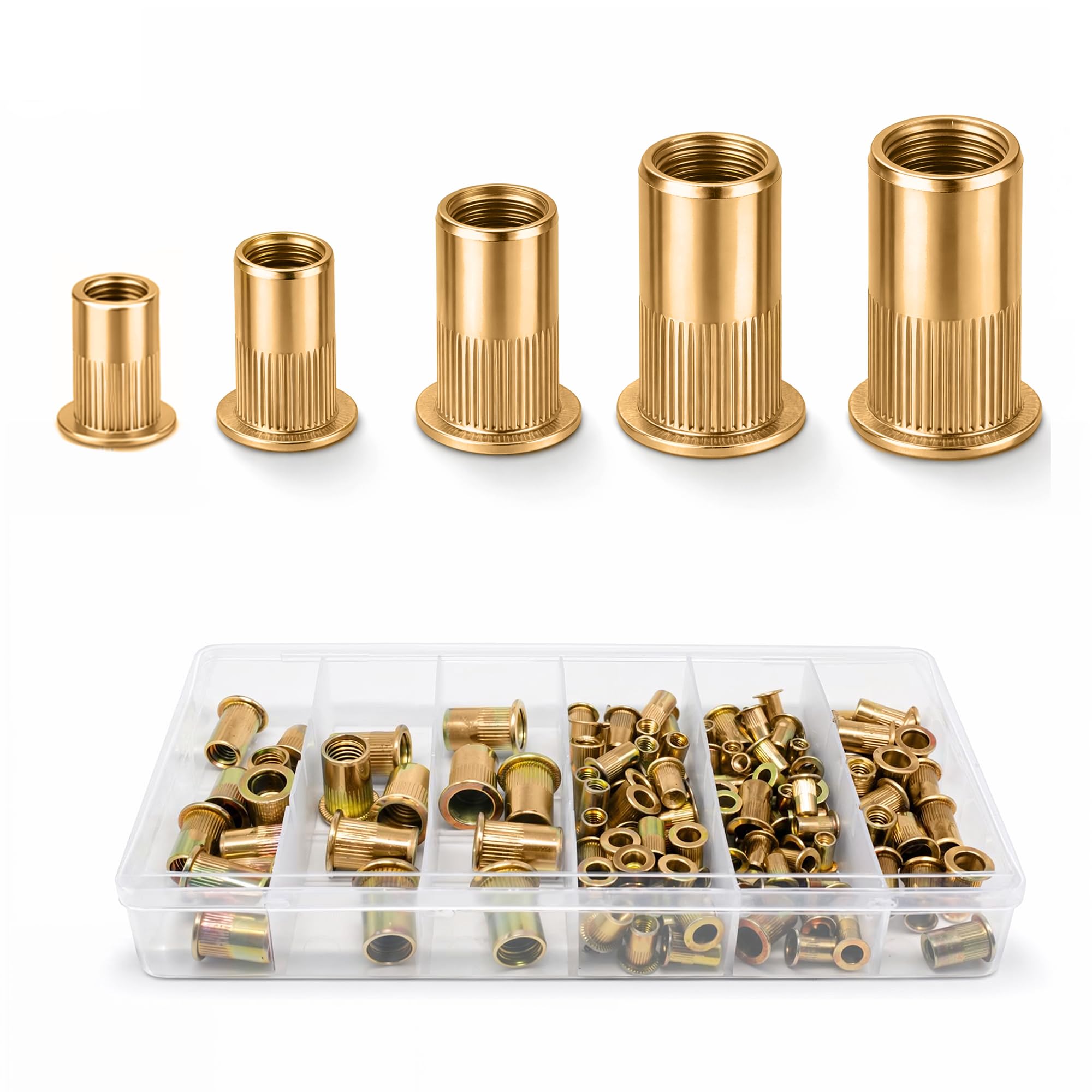 WedDecor Large Flange Hex Body Rivet Nuts Kit, Gold Closed End Countersunk Nut Inserts, M4, M5, M6, M8, M10 - Thread Sizes, Heavy Duty Blind Rivnuts for Marine Hardware - 120pcs pack