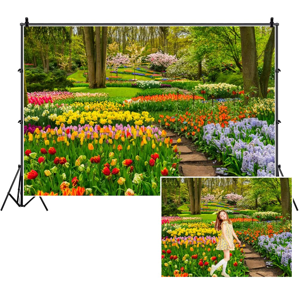 SDOTPMT 7x5ft Spring Forest Park Polyester Backdrop Blooming Tulip Flowers Jungle Garden Photography Background Children Spring Outdoor Outing Art Portraits Photo Studio Props Wallpaper