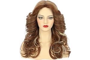 karlery Women 70s Feathered Wig Long Brown Wave Disco Wig Singer Highlight Dyed Vintage Costume for Party Fashion Accessory