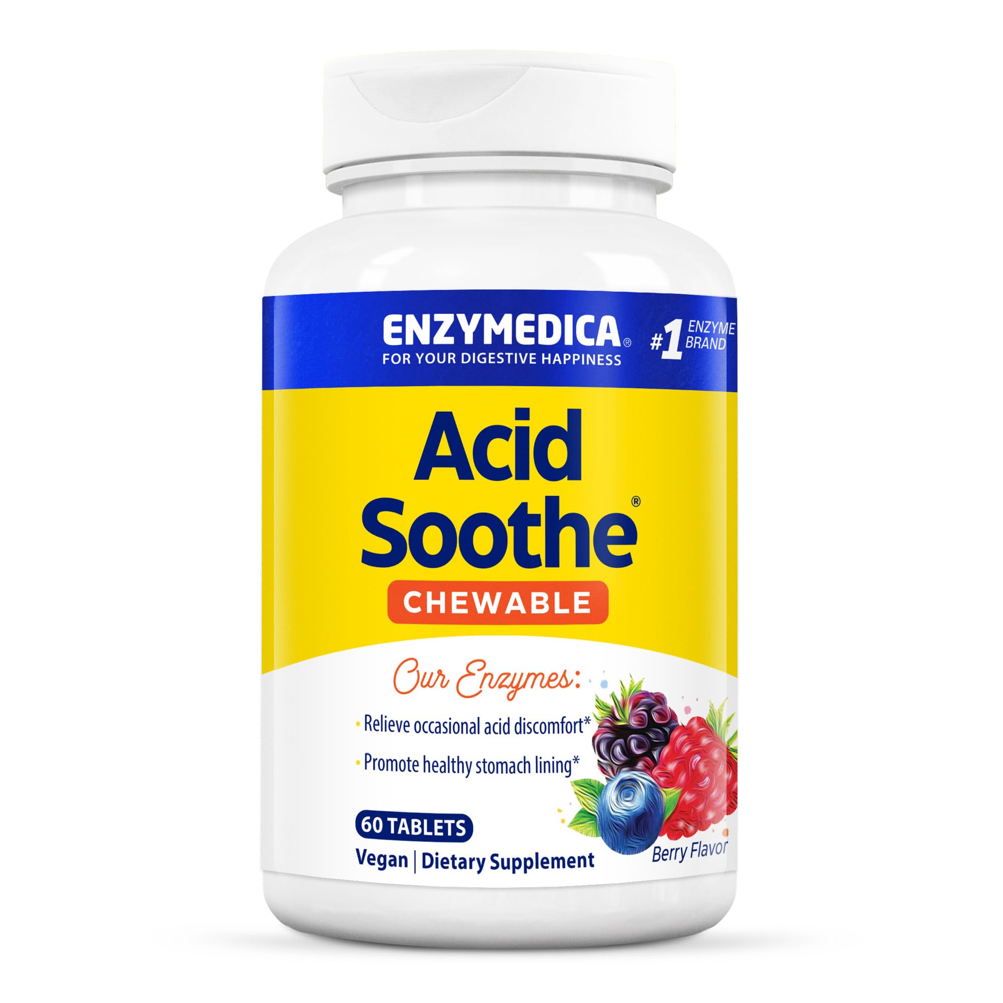 ENZYMEDICA - Acid Soothe (60 Chewable Tablets) | Berry Flavour | Digestive Support Enzymes Supplements | Digestive Enzymes Blend for Acid Reflux and Heartburn, Nutrient Supplements, Vegan