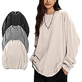 Wyeysyt 3 Pack Oversized Tshirts for Women Long Sleeve Cotton T-Shirts Vintage Acid Wash Baggy Unisex T Shirts
