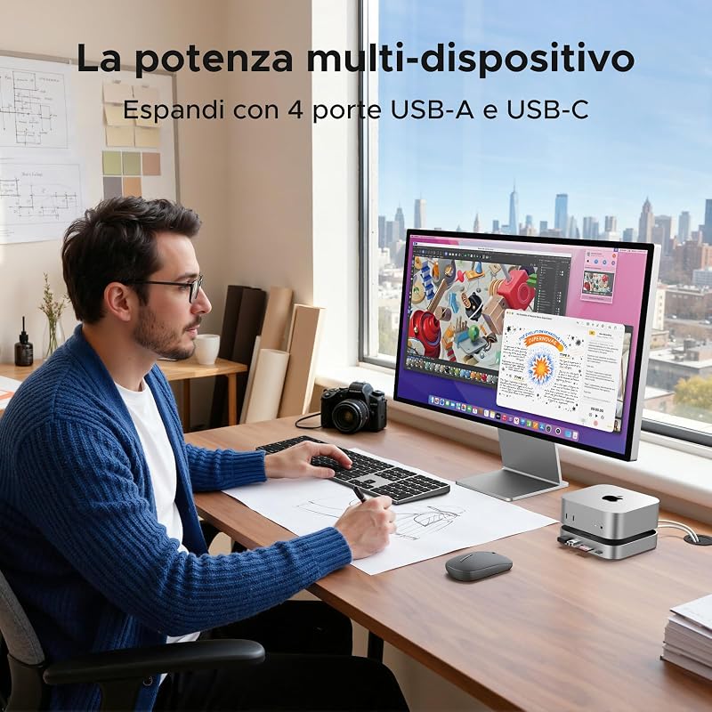 Docking Station Hub USB C e Supporto per Mac Mini M4 e M4 Pro