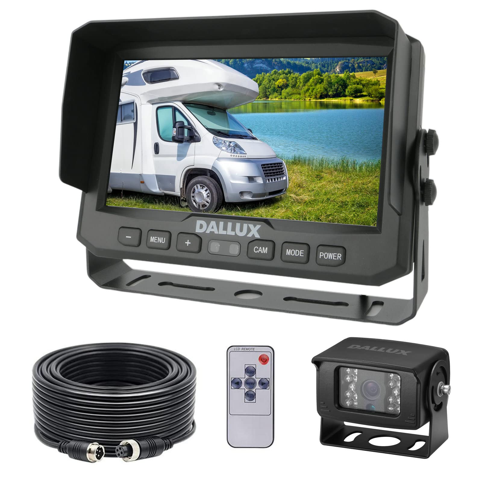 DALLUX Truck Bus Backup Camera System,Waterproof Night Vision Rear View with 7 inch Monitor+66ft 4 PIN Camera Cable for Heavy Duty Vehicle Trailer Harvester Van Trailer RV Campers Motor Home(12V 24V)