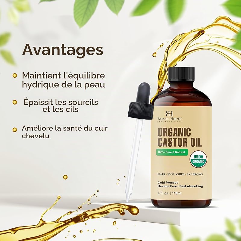 Huile de ricin | Certifiée biologique par l'USDA | 100% pure et sans hexane | Pressée à froid | Croissance pour cils, sourcils, cheveux | Avec brosse à sourcils et cils | 118,3 ml