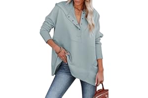 AlvaQ Women Casual Button V Neck Hoodies Oversized Pullover Sweatshirt Hooded Tops with Pockets