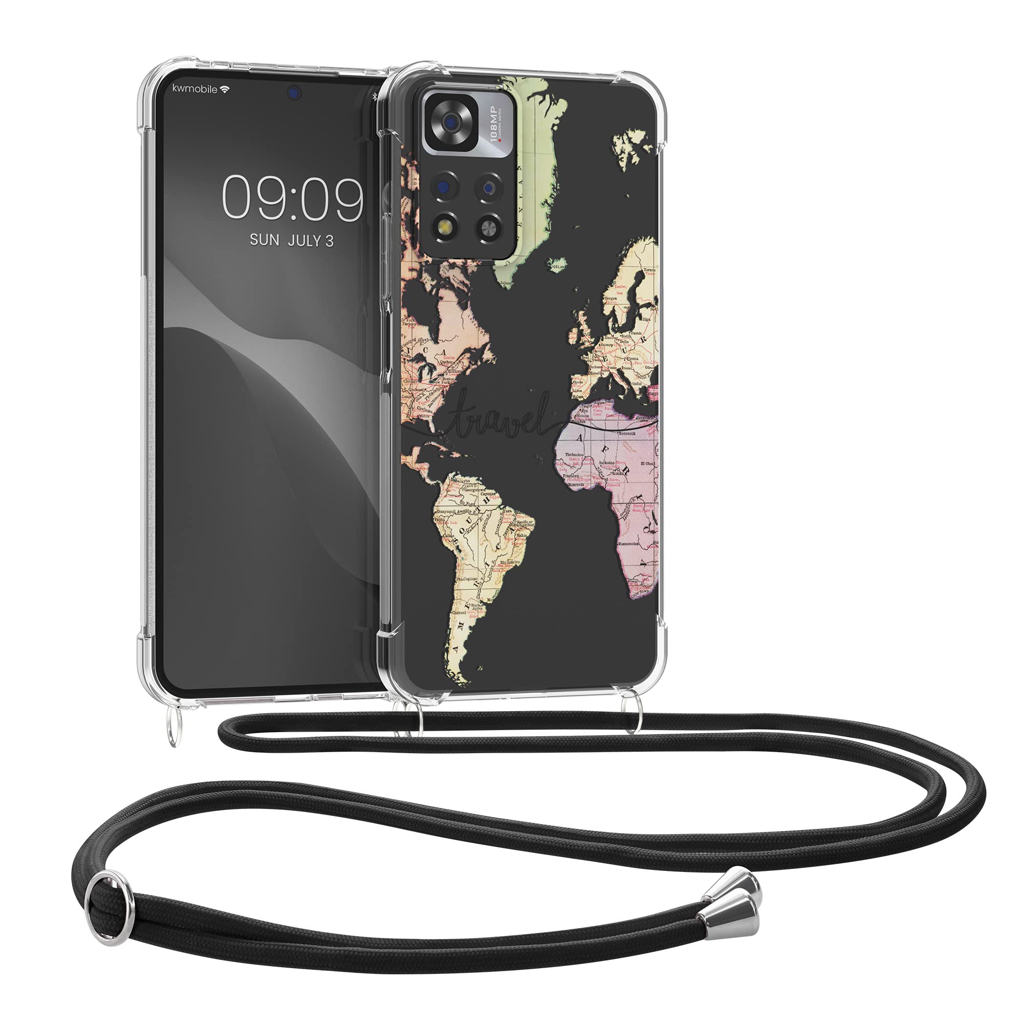 kwmobile Crossbody Case Compatible with Xiaomi Redmi Note 11 Pro+ 5G / Note 11 Pro Plus 5G Case Strap - Travel Black/Multicolor/Transparent