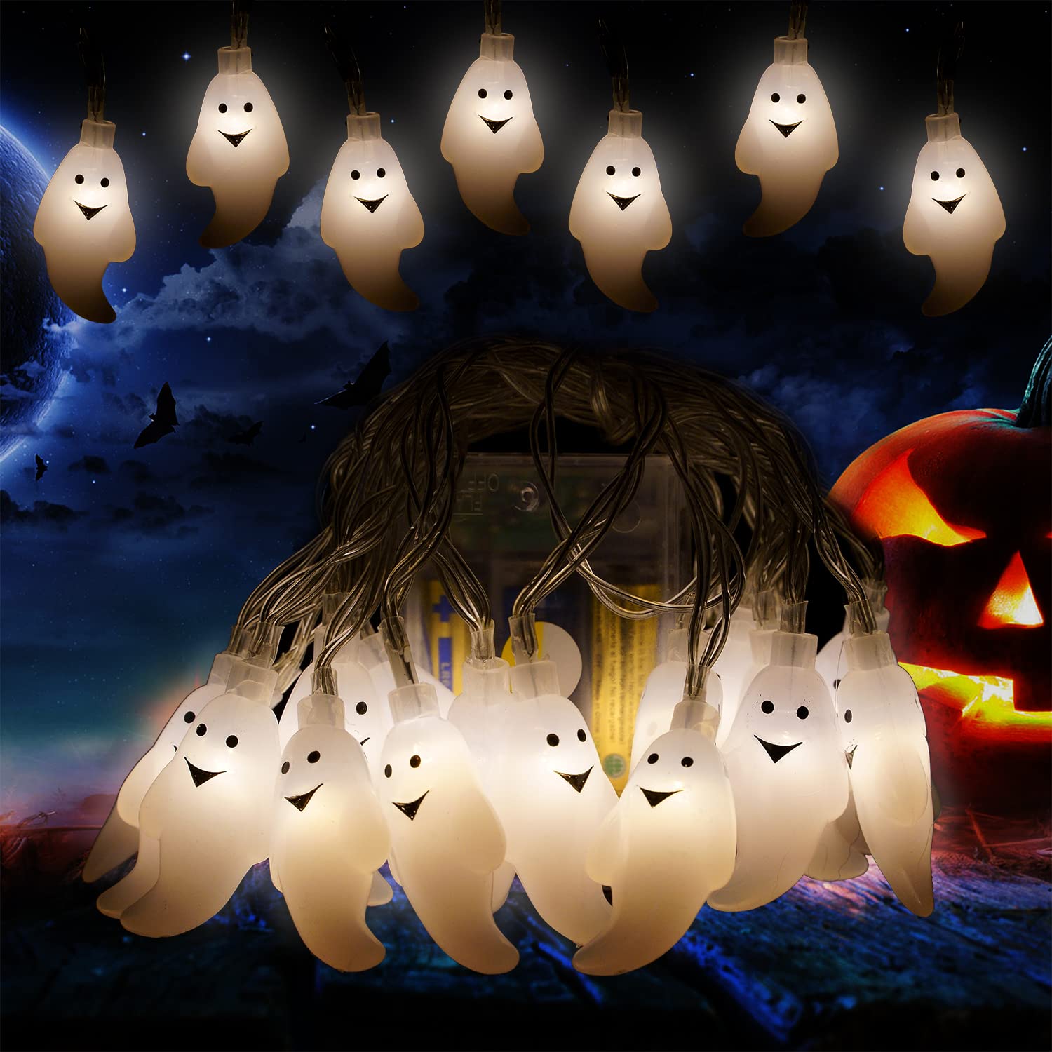FINGOOO Halloween String Lights 3 metres 20 Pieces Ghosts Light Room Garden Decoration Light Up for Halloween Decoration Assorted Colours