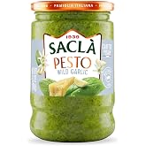 SACLA Wild Garlic (and Basil) Pesto Sauce 6.7 oz Glass Jar | Made with Parmigiano Reggiano &amp; Pecorino Romano Cheeses, Non-GMO Italian Gourmet Pasta Sauce, Imported from Italy