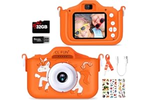 CL FUN Kids Camera, Toy Camera for Kids Girls/Boys Age 3-12, Toddler Digital Video Camera with Silicone Cover, Portable Toy Camera with 32GB Card, Christmas Birthday Present for Kids-Orange