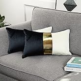 KACOPOL Black Beige Gold Leather Patchwork Velvet Throw Pillow Cover 12x20 Set of 2 Luxury Modern Home Decor Cushion Cover Decorative Pillow for Couch Living Room Bedroom Car (Black, 12x20)