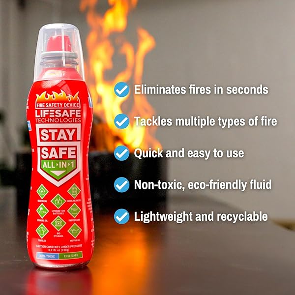 LIFESAFE TECHNOLOGIES STAYSAFE ALL-IN-1 PORTABLE FIRE EXTINGUISHER, COMPACT FIRE SPRAY EASY TO USE ON 10 TYPES OF FIRES, NON-TOXIC & ECO-FRIENDLY