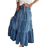 yoeasy Women's High Waist Denim Maxi Skirt Button Boho Flowy Pleated Tiered Ruffle Swing A-Line Jean Long Skirt