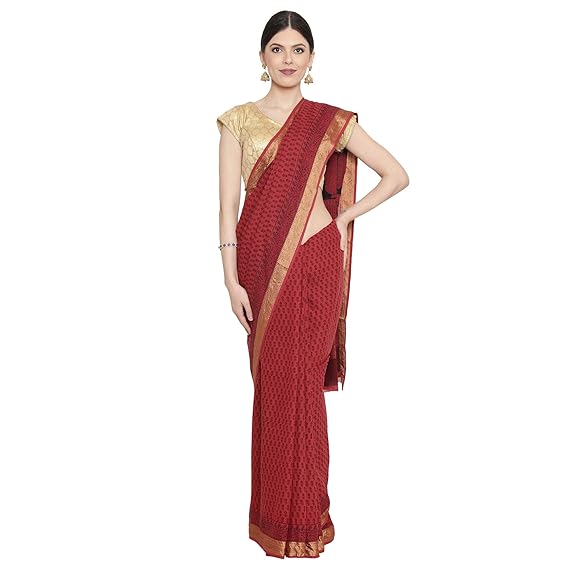 Womens Pure Bagh Block Print Handcrafted Cotton Saree (ZIBASA0087, Maroon)