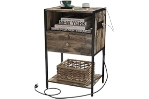 LDTTCUK Nightstand with Charging Station, Modern End Table with Drawer, Bedside Table with Open Storage for Bedroom,Retro Brown
