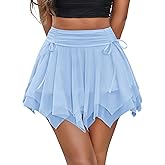 Avidlove Mini Skirts for Women Mesh Flowy Y2k Skirt Drawstring Ruched Bow Layer Asymmetrical Short Skort