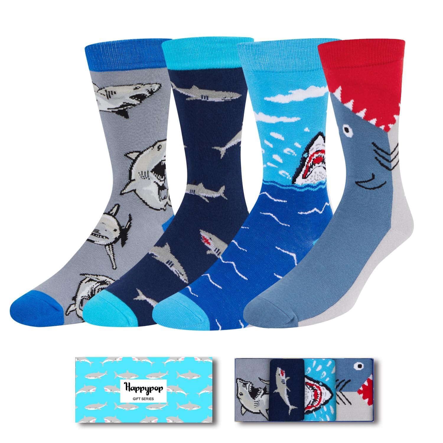 Photo 1 of HAPPYPOP Crazy Novelty Shark Socks - Ideal Gifts for Ocean Animal Lovers, Shark Socks for 4-7 Year Boys 4 Pack