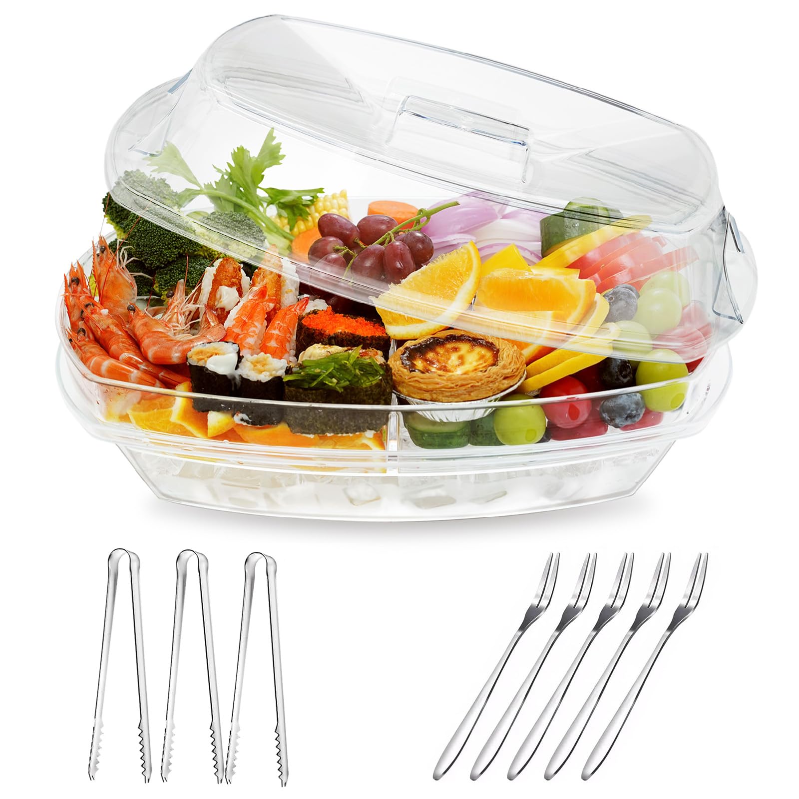 Photo 1 of Luckore Chilled Ice Serving Tray, 15.1" Ice Chilled Party Platter, 3 Layers Veggie Platter with Lid, Stackable Appetizer Party with 4 Compartments for Shrimp, Fruits, Veggies