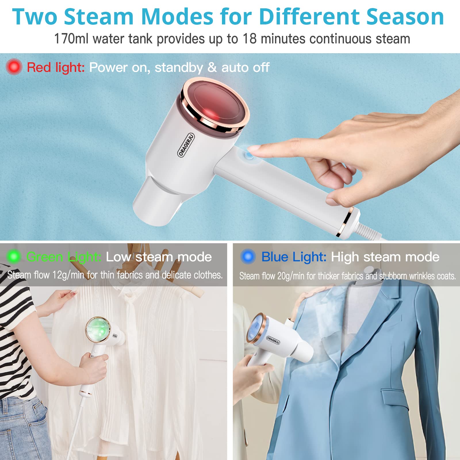 Portable Steamer for Clothes, Oragerju 2 in 1 Handheld Steamer and Iron, 15s Fast Heat-up, 2 Steam Modes, 1200w Auto Shut-Off Garment Steamer for Travel and Home, 170ML Detachable Water Tank (BG573)