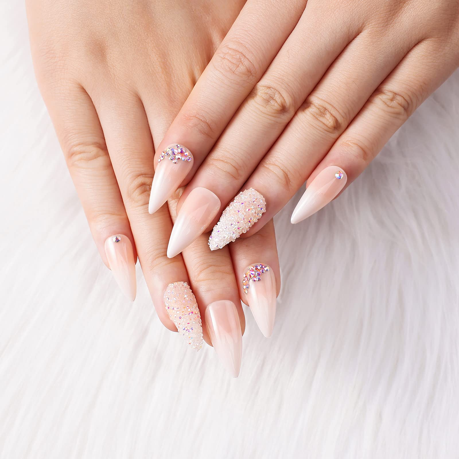 morily 24Pcs Ombre Press on False Nails with Design Glossy Pink Stiletto Fake Nails Kit Medium Length Long Luxury Crystal Acrylic Stick on Nails Tips Artificial Finger Manicure for Women - Image 2