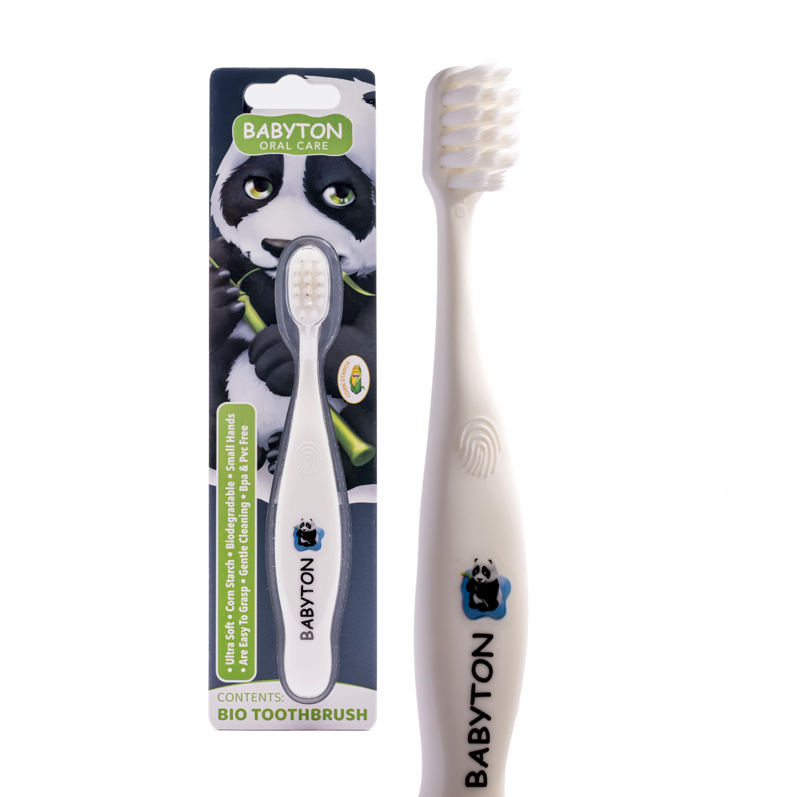 Babyton Bio Toothbrush - Eco-Friendly, Soft Bristles for Babies, Ergonomic Handle, Biodegradable Corn Cob Material (Panda)