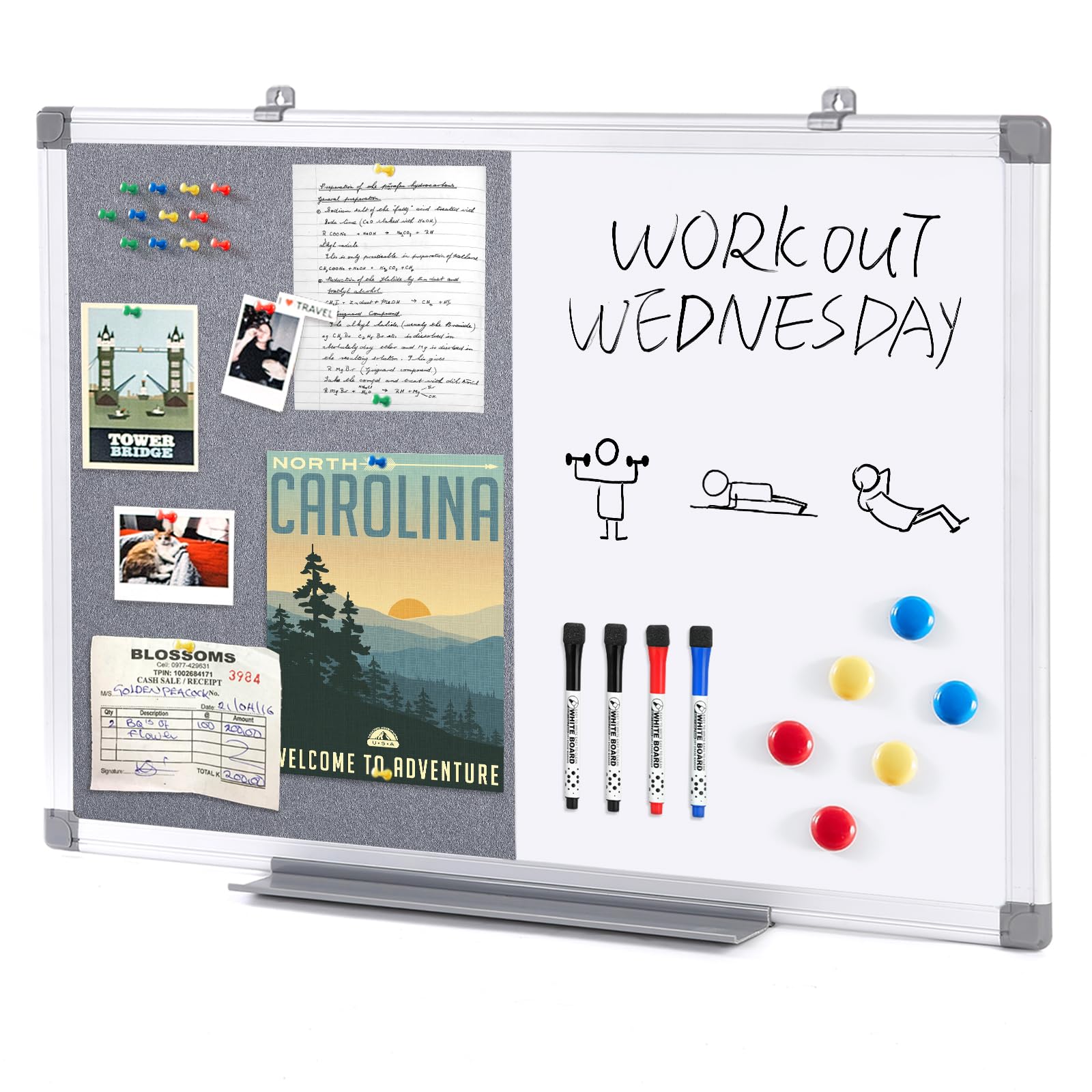 Swansea Magnetic Whiteboard 2 in 1 Frabic Pin Noticeboard with Dry Erase Marker + 6 Pushpins,60x45cm