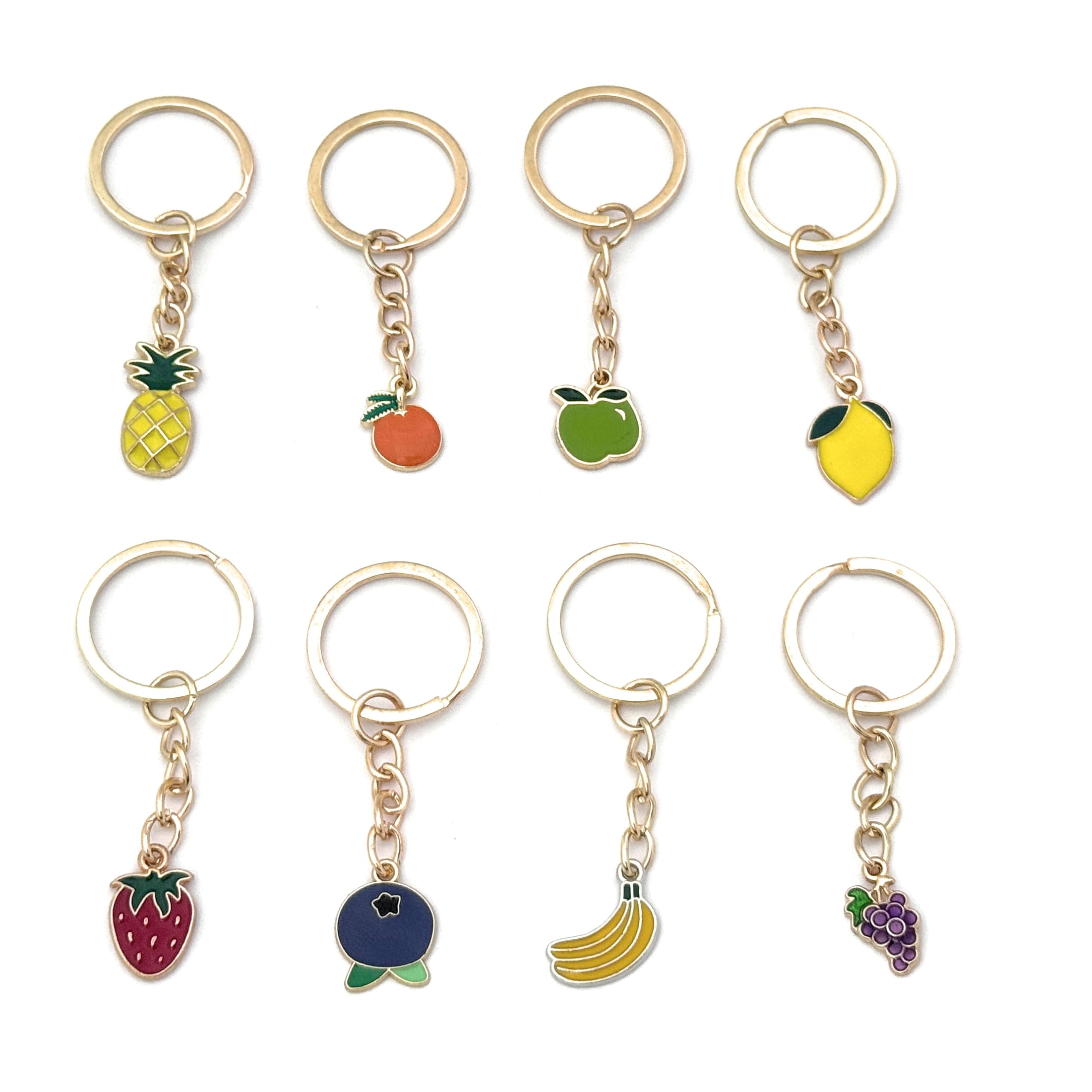 FizzyButton Gifts Fruit Keyrings Set of 8 Key Ring with Enamel Charms and Gold Tone Keychains - Grapes, Bananas, Strawberry, Apple, Blueberry, Pineapple, Orange, Lemon