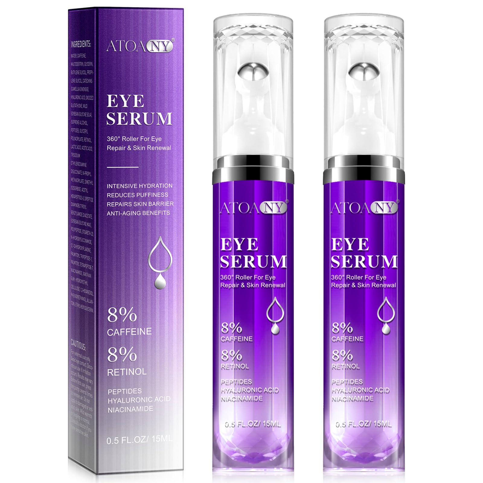 2 Packs Eye Serum for Dark Circles and Puffiness with 8% Caffeine 8% Retinol Hyaluronic Acid Niacinamide, Under Eye Cream Anti Aging for Puffiness and Bags with 360° Eye Roller Massage Ball