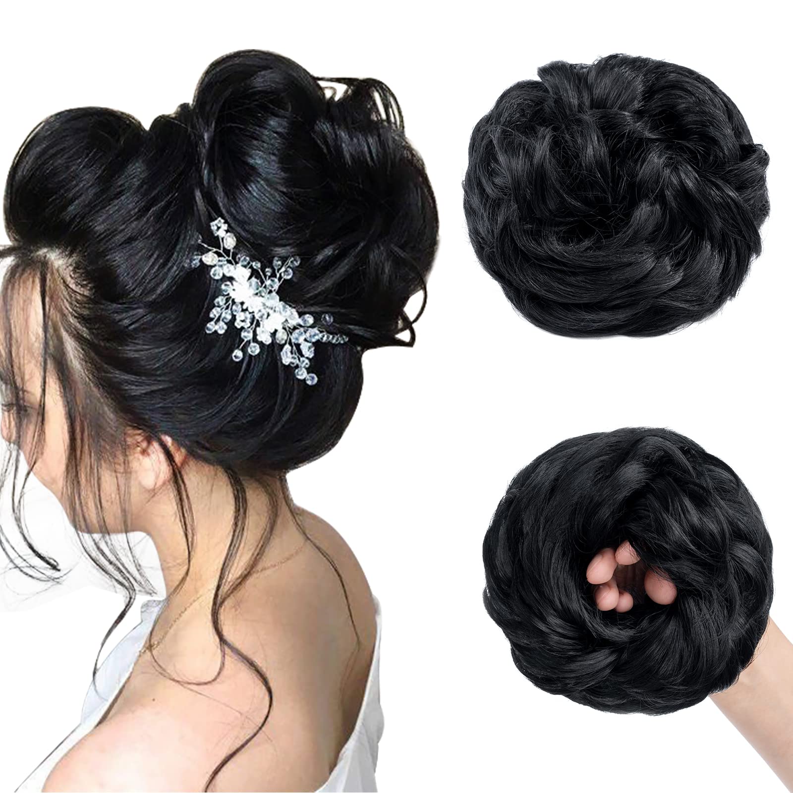 Rich Choices Messy Bun Hair Piece - Dark Black Wavy Hair Bun Scrunchies for Women - Heat Resistant Synthetic Hair
