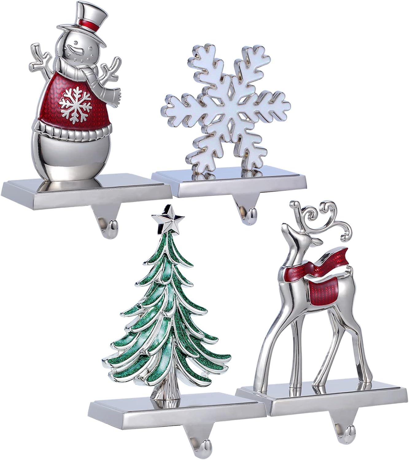 Ornament Hooks - Yuokwer Set of 4 Christmas Stocking Holders for Mantel -Silver Stocking Hangers for Fireplace-Stocking Hanger Hooks, Xmas Tree Snowflake Deer Snowman Stocking Holder Set for Xmas (Colorful)
