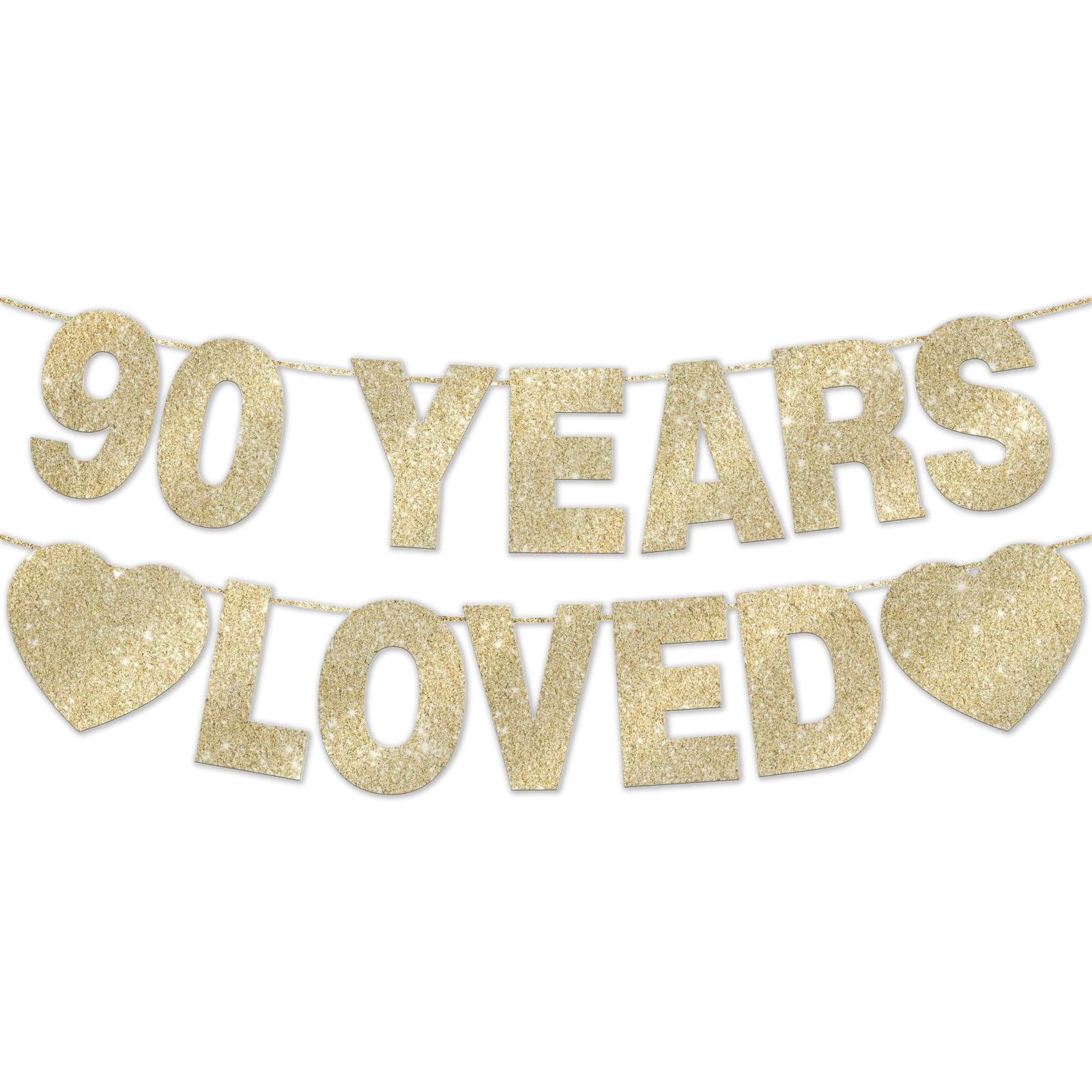 90th Birthday Decorations, 90th Birthday Banner for Women Men, 90 Years Loved Gold Glitter Banner with Hanging Rope for 90 Party Decorations
